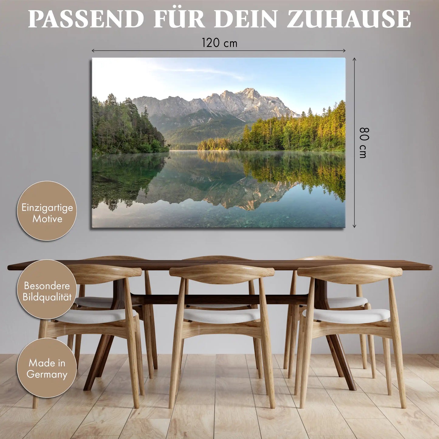 Leinwandbild alpine Berge vor einem stillen Bergsee bei Sonnenaufgang