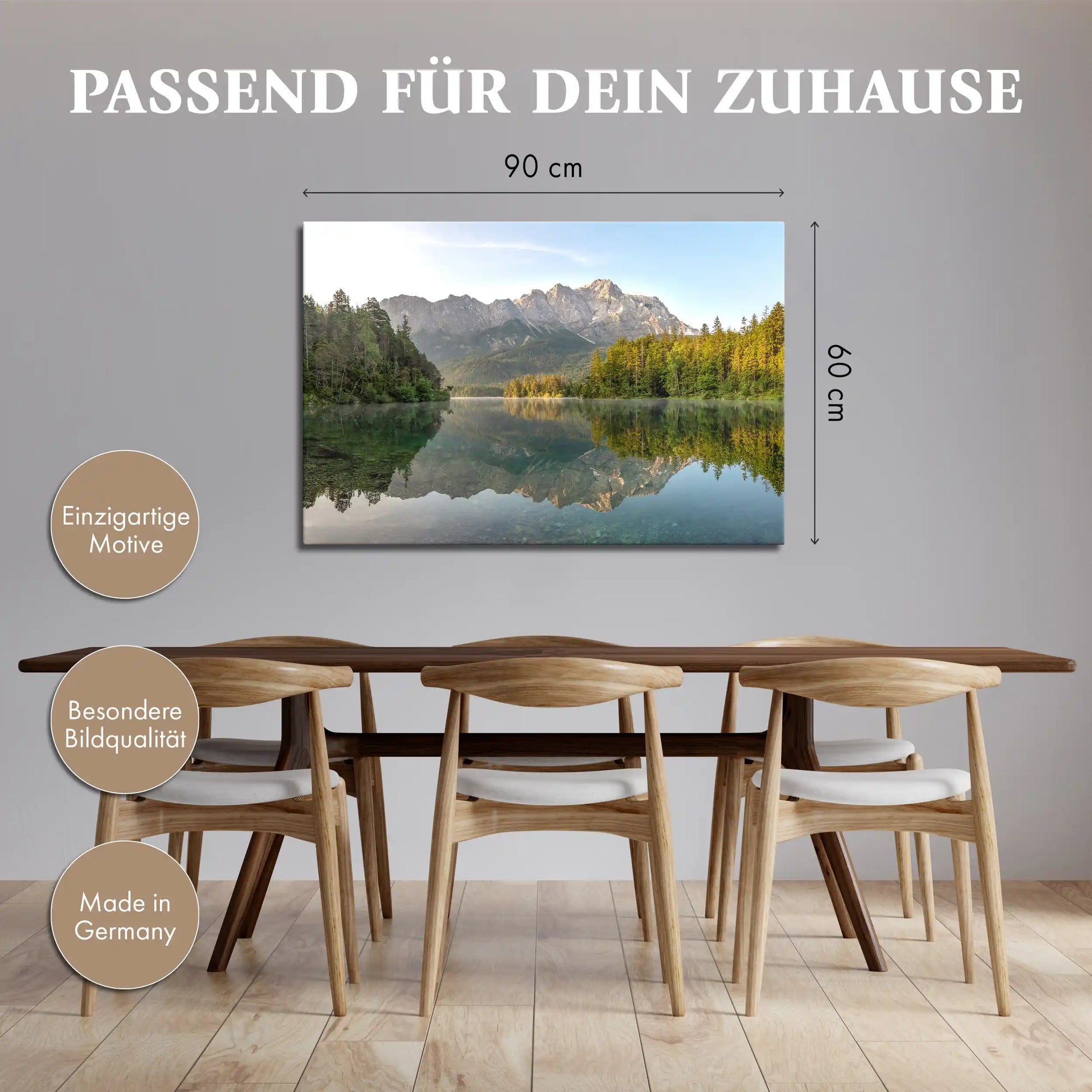 Leinwandbild alpine Berge vor einem stillen Bergsee bei Sonnenaufgang