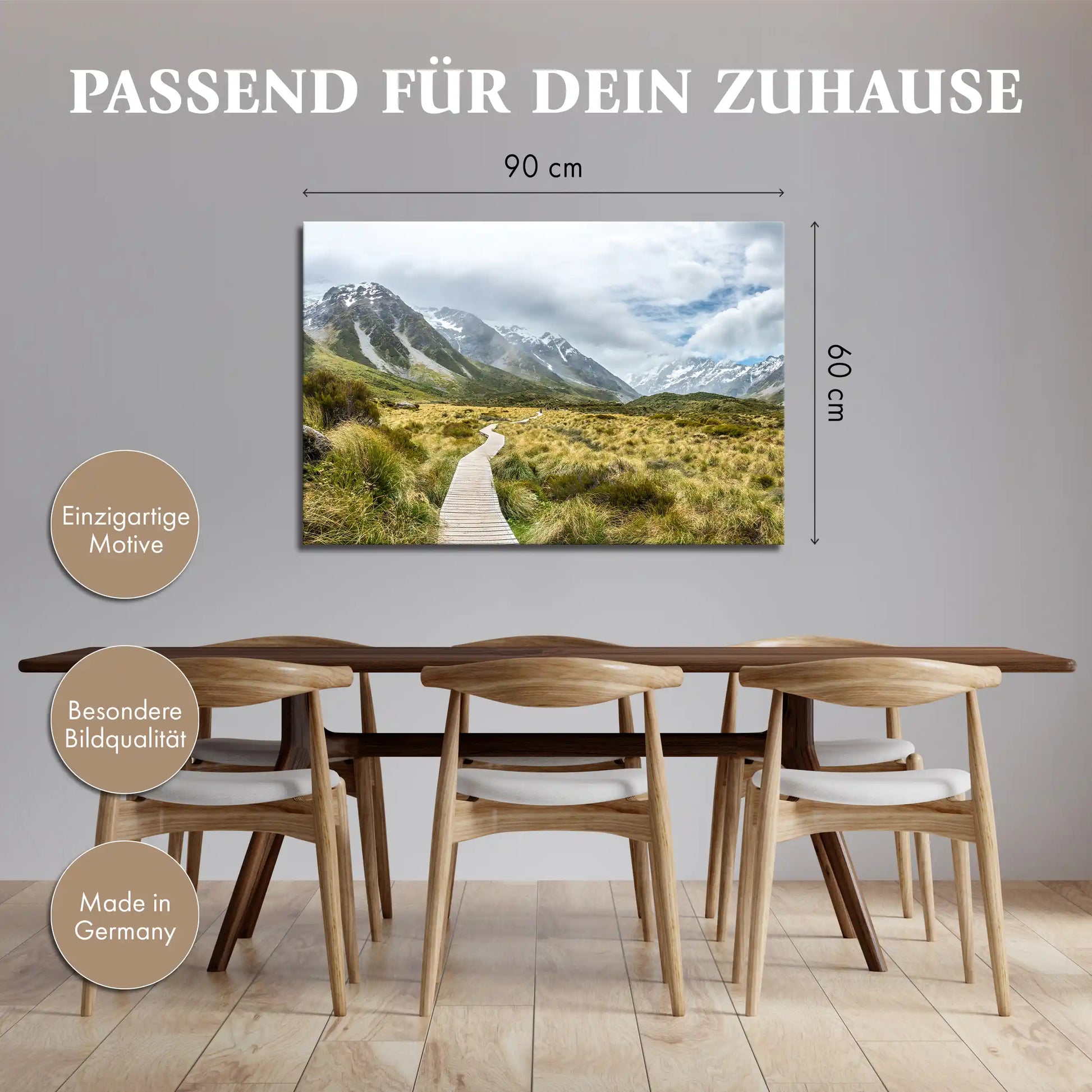 Leinwandbild mit Wanderweg durch alpine Berglandschaft in Neuseeland
