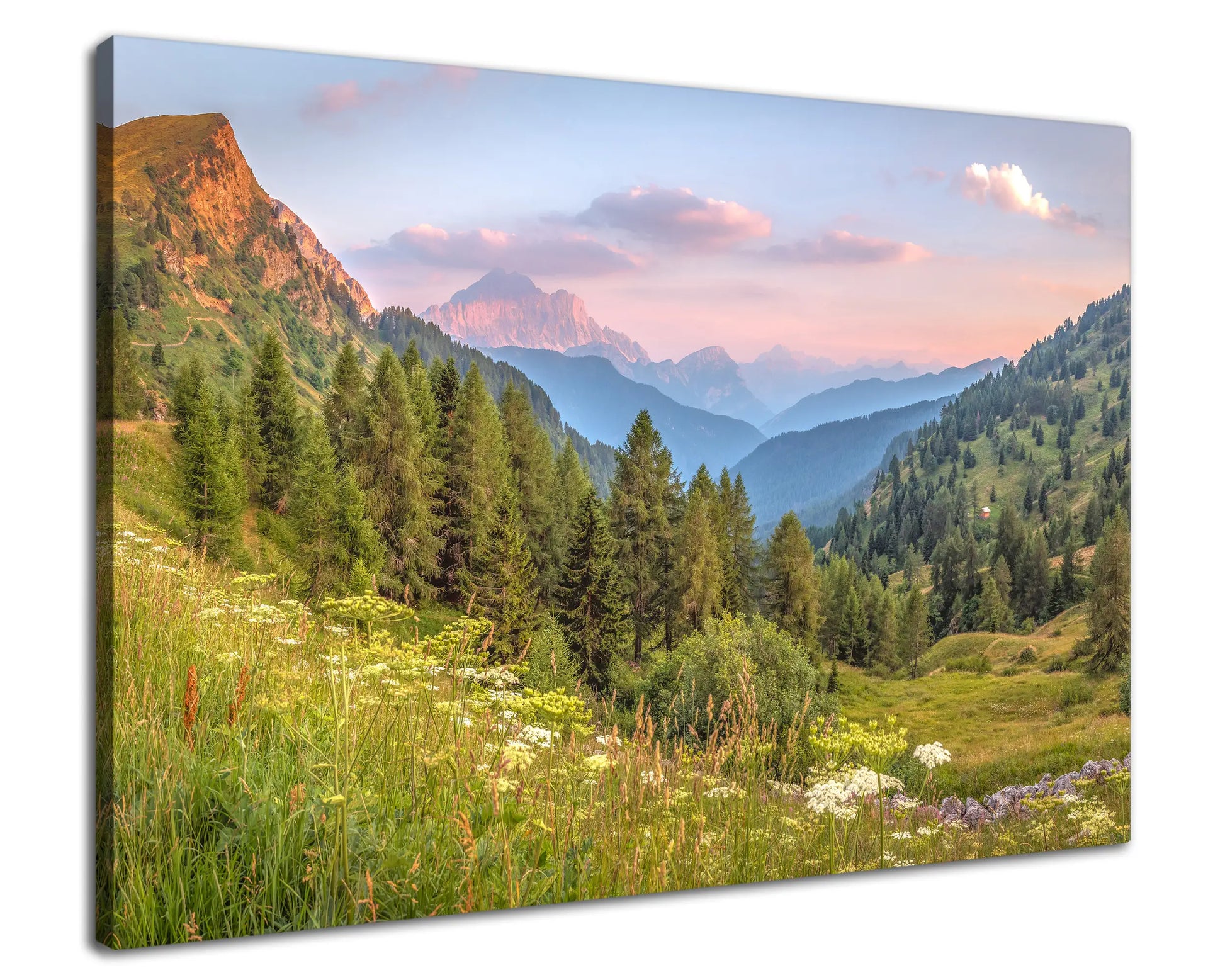 Leinwandbild Alpen Berge und Wiesen bei Sonnenuntergang