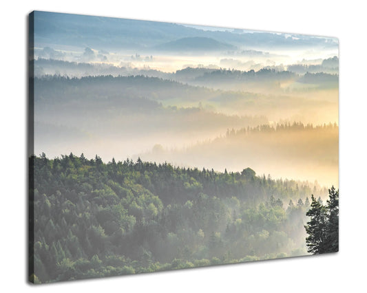 Leinwandbild - Morgennebel über den Wäldern