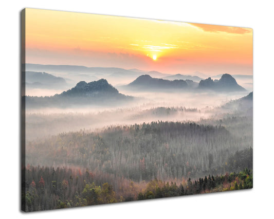 Leinwandbild - Sonnenaufgang im Nebelwald