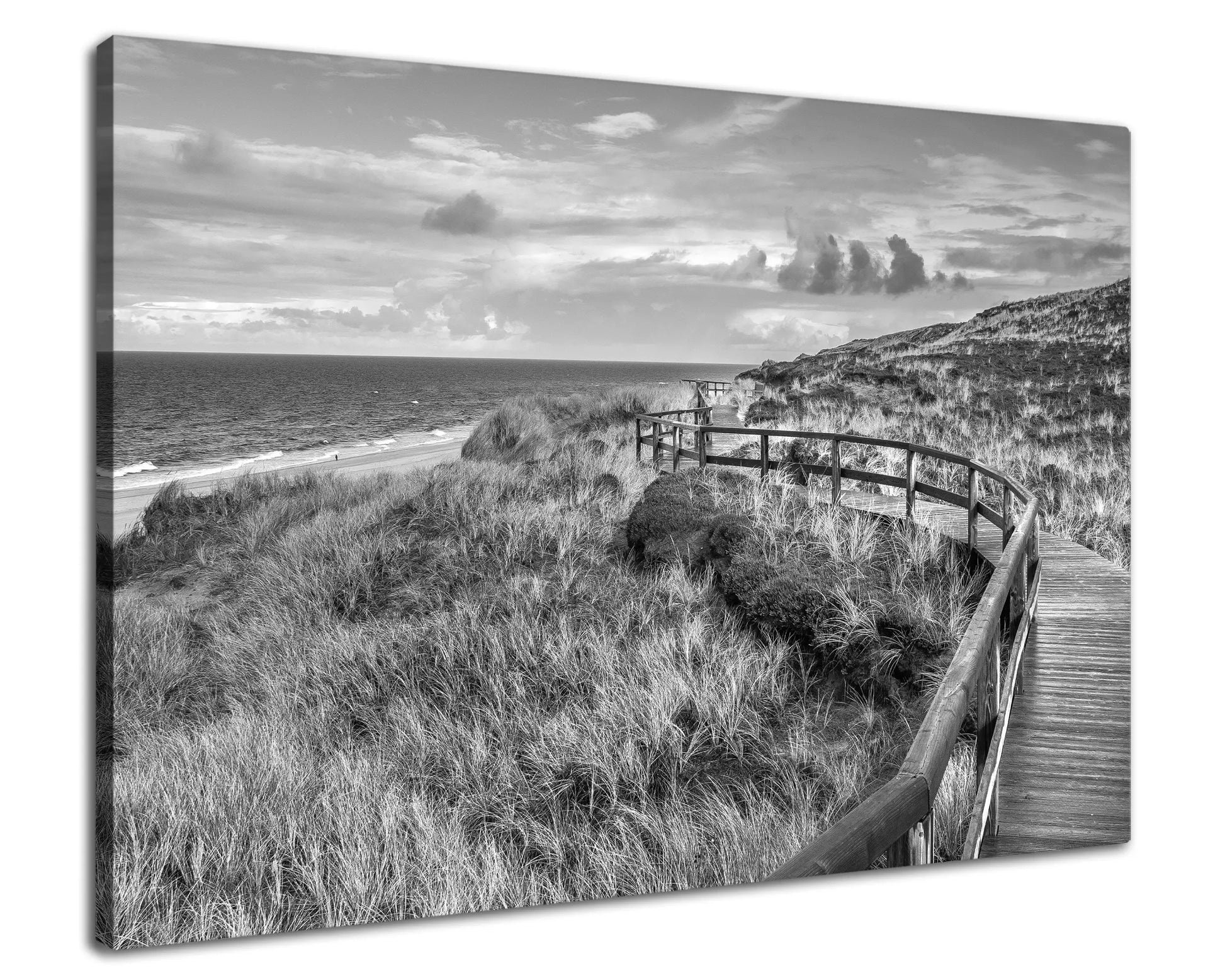 Leinwandbild Holzsteg in Düne an der Nordsee in schwarz weiß