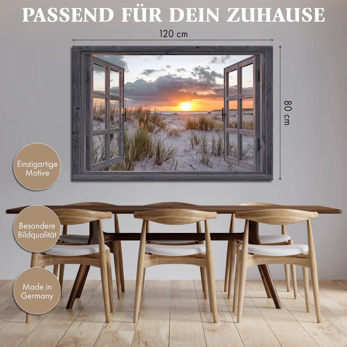 Leinwandbild - Fensterblick auf Düne bei Sonnenaufgang