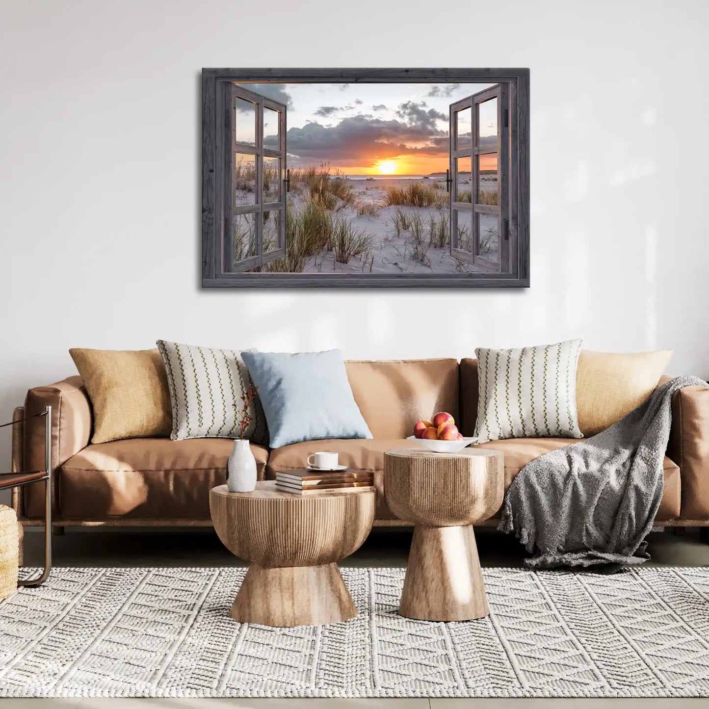 Leinwandbild - Fensterblick auf Düne bei Sonnenaufgang