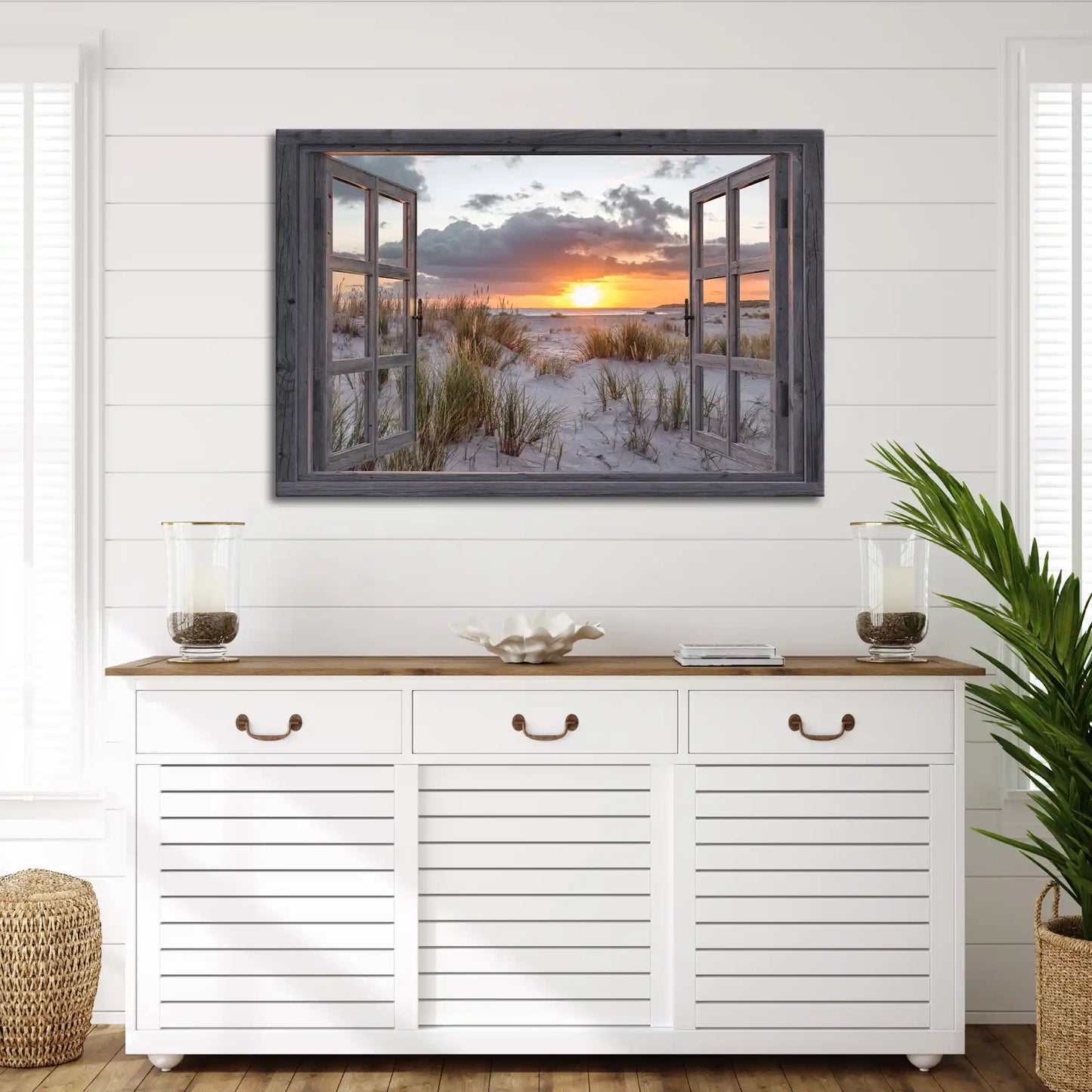 Leinwandbild - Fensterblick auf Düne bei Sonnenaufgang