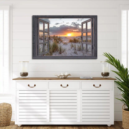 Leinwandbild - Fensterblick auf Düne bei Sonnenaufgang