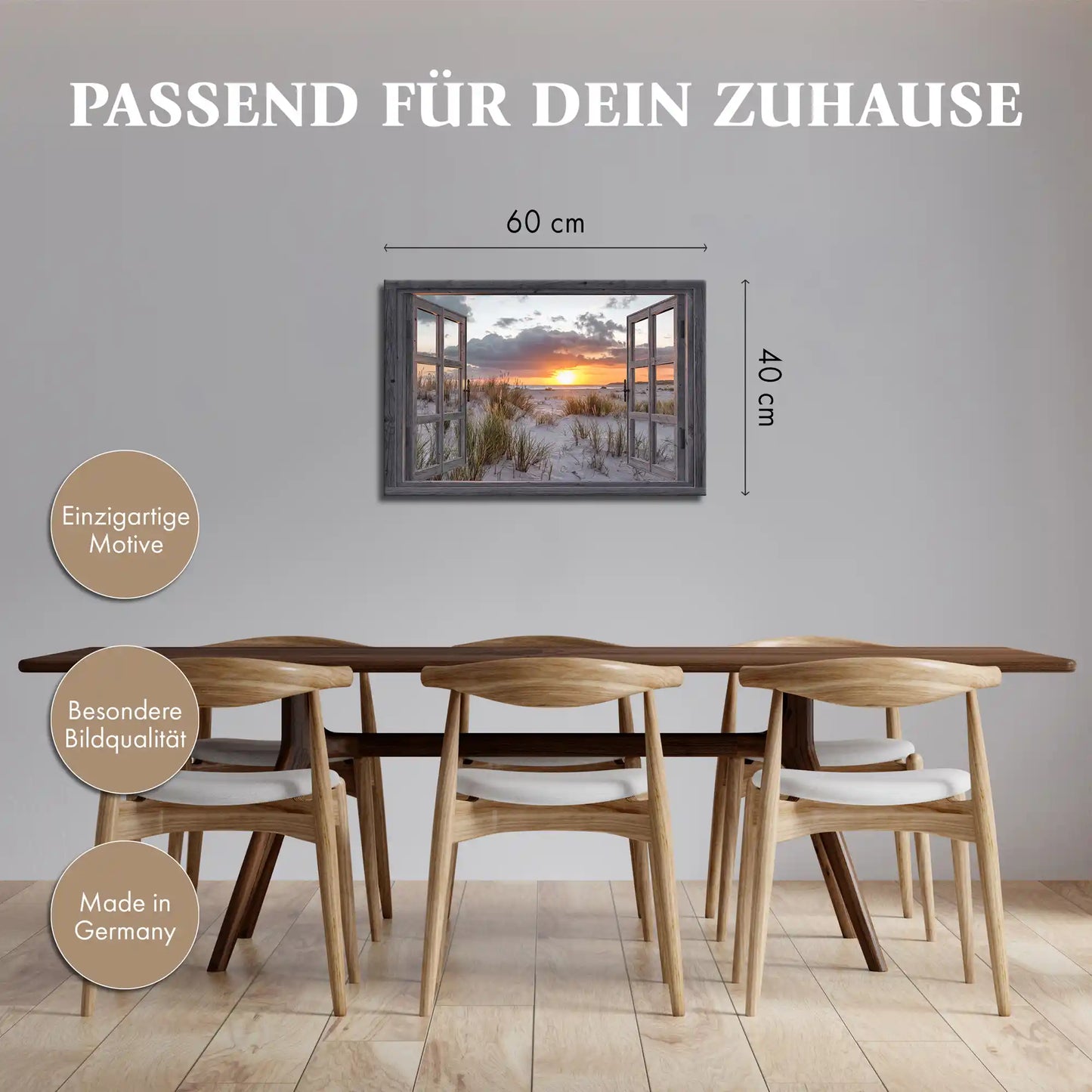 Leinwandbild - Fensterblick auf Düne bei Sonnenaufgang