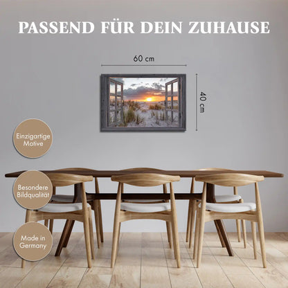 Leinwandbild - Fensterblick auf Düne bei Sonnenaufgang