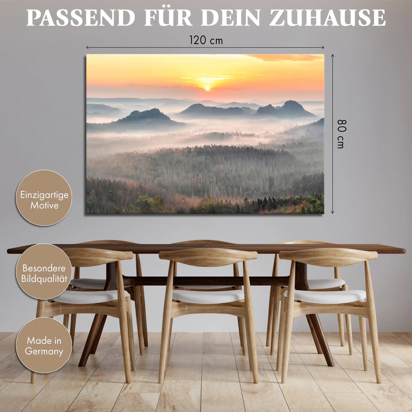 Leinwandbild - Sonnenaufgang im Nebelwald