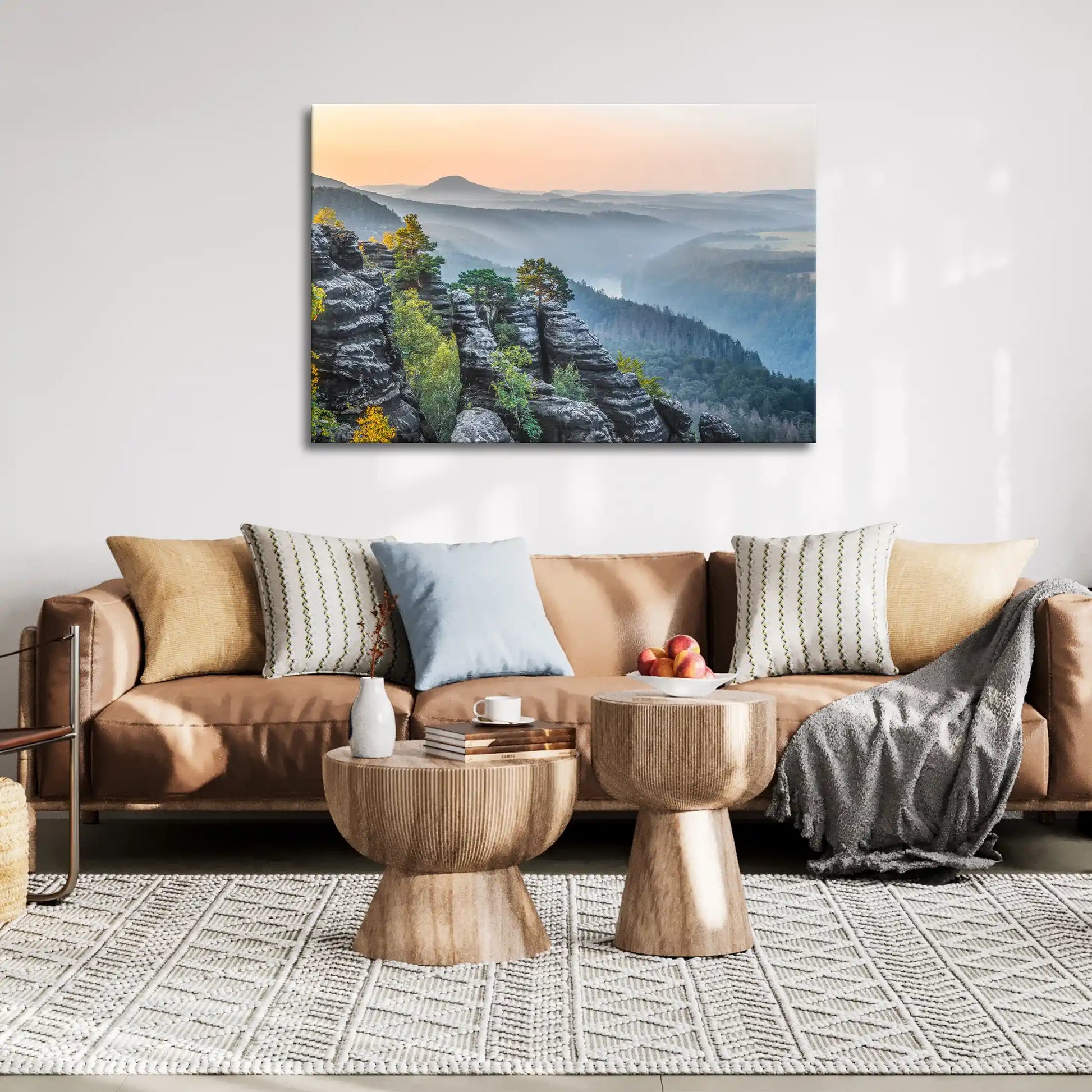 Leinwandbild Sonnenaufgang im Elbtal mit Felsen und Wald
