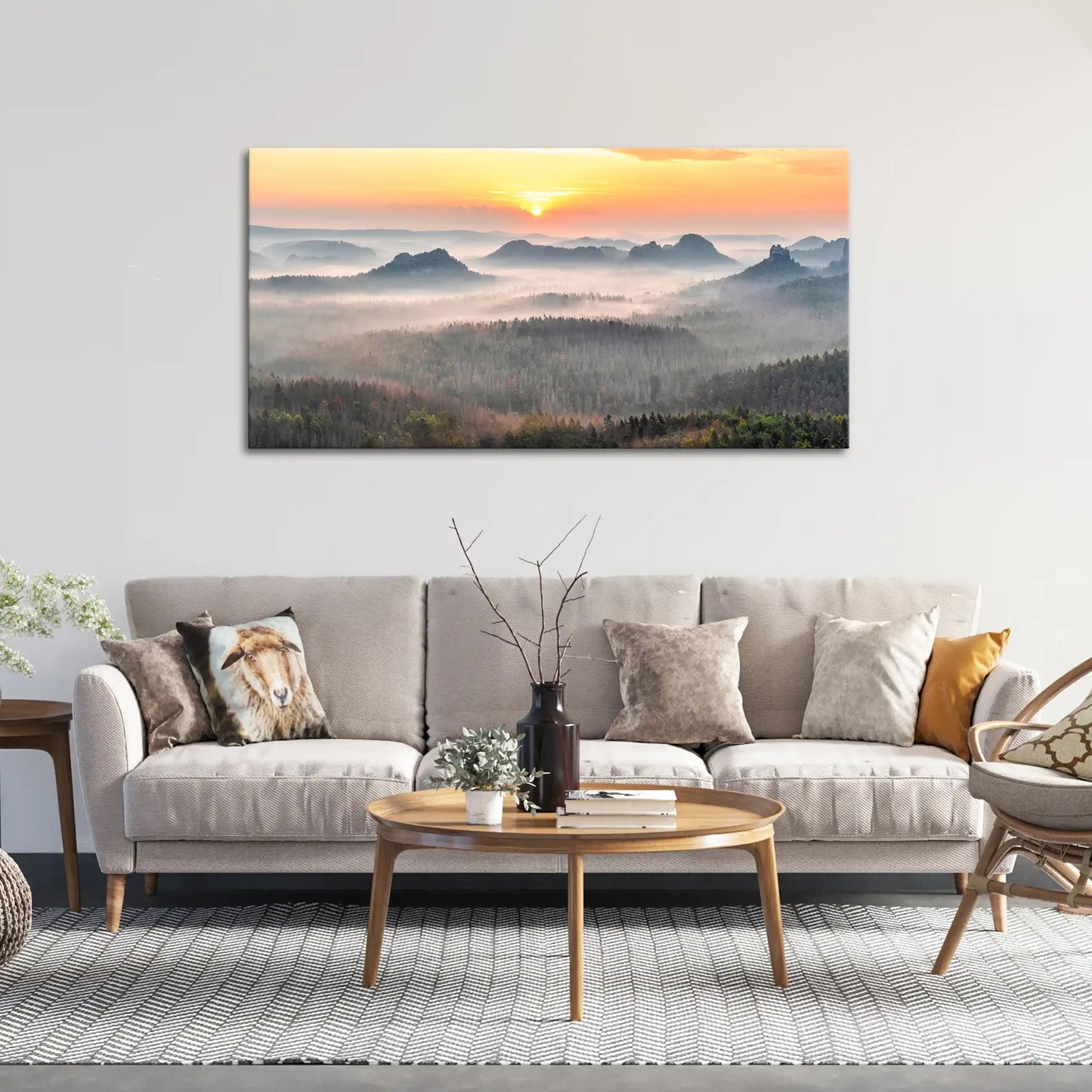 Leinwandbild - Sonnenaufgang im Nebelwald