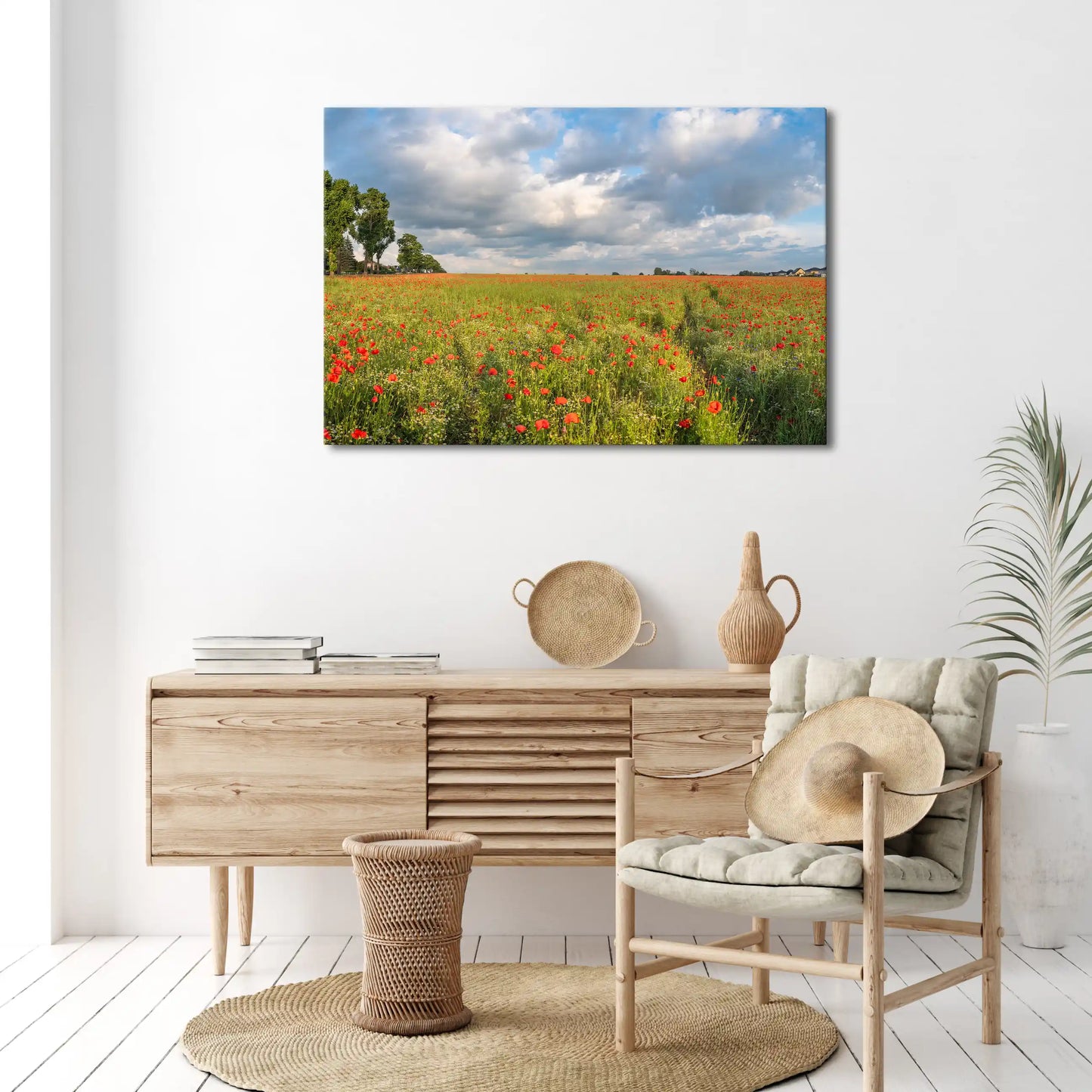 Leinwandbild mit rotem Mohn im weiten Blumenfeld