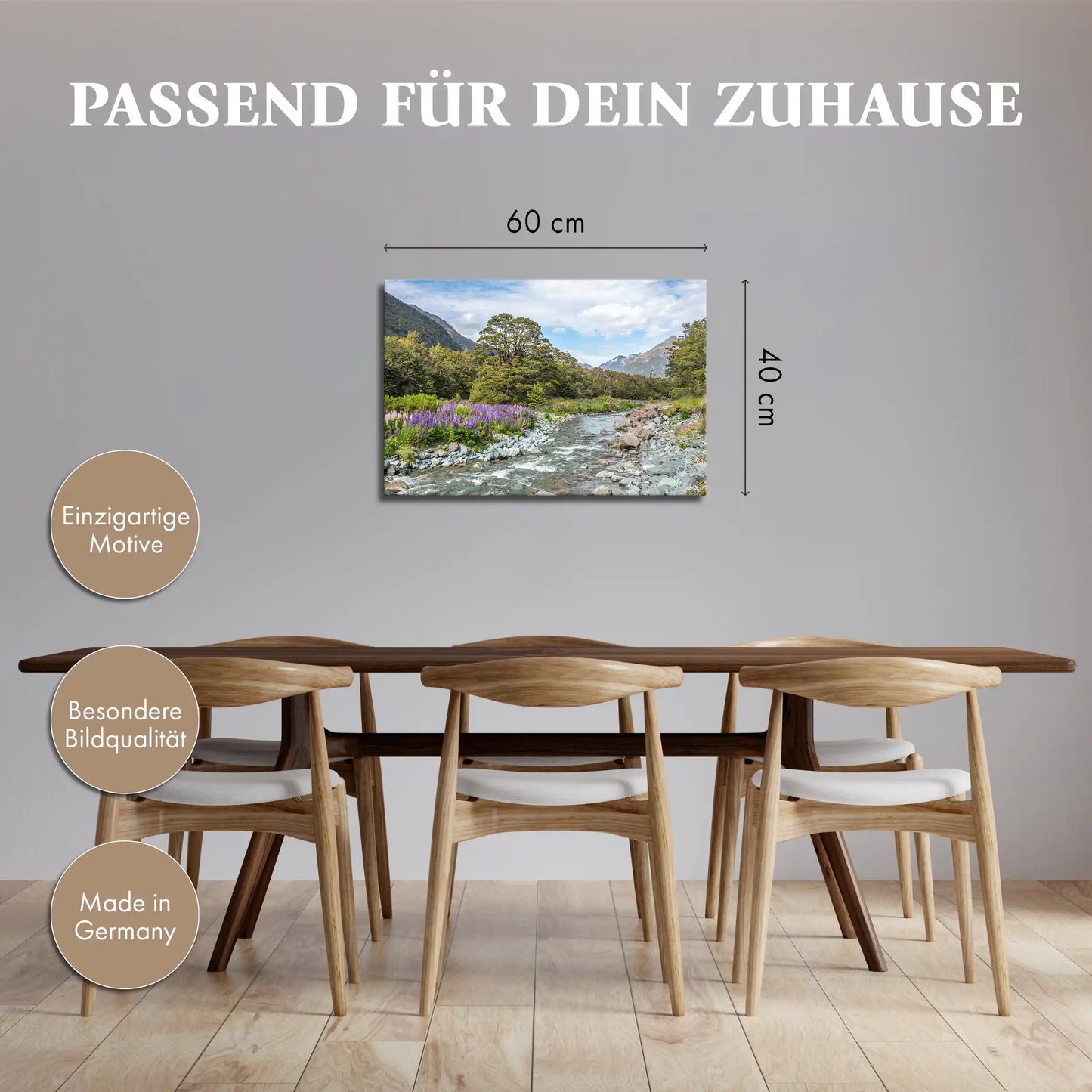 Leinwandbild - Blühende Lupinen am Gebirgsbach