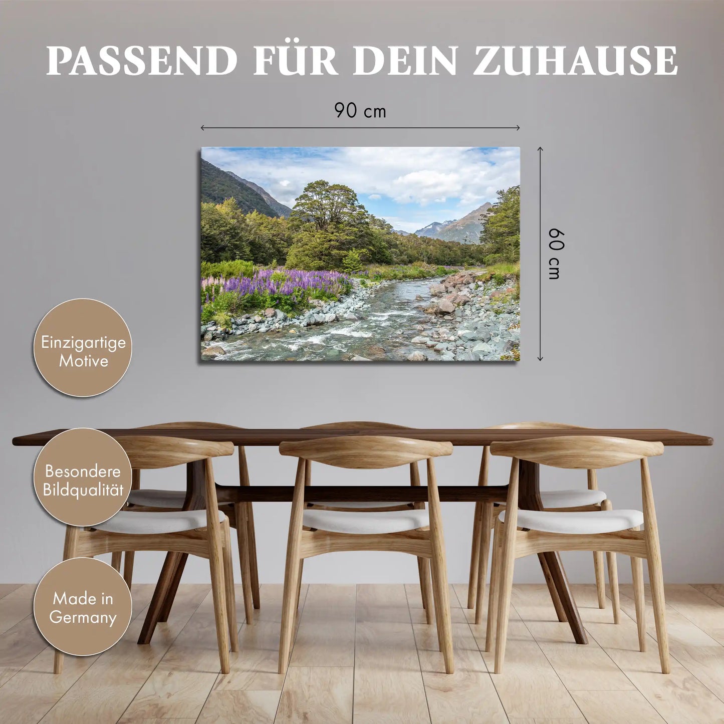 Leinwandbild - Blühende Lupinen am Gebirgsbach