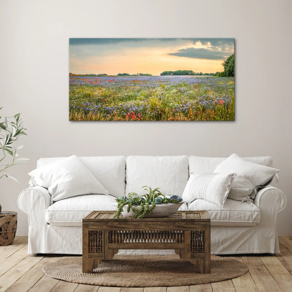 Leinwandbild einer bunten Blumen Wiese im Sonnenuntergang