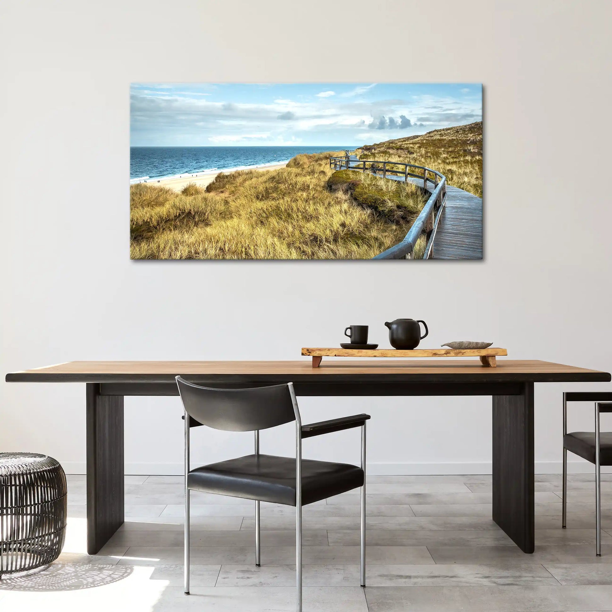 Leinwandbild Düne im mit Holzsteg am Meer an der Nordsee