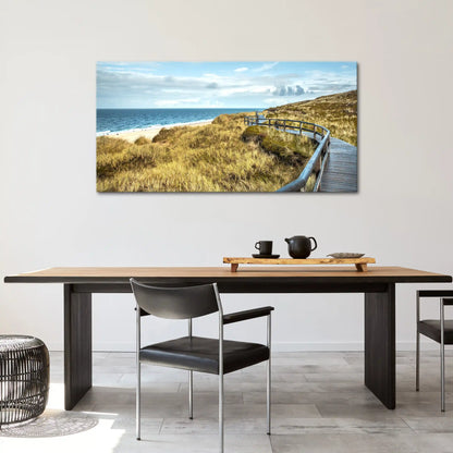 Leinwandbild Düne im mit Holzsteg am Meer an der Nordsee