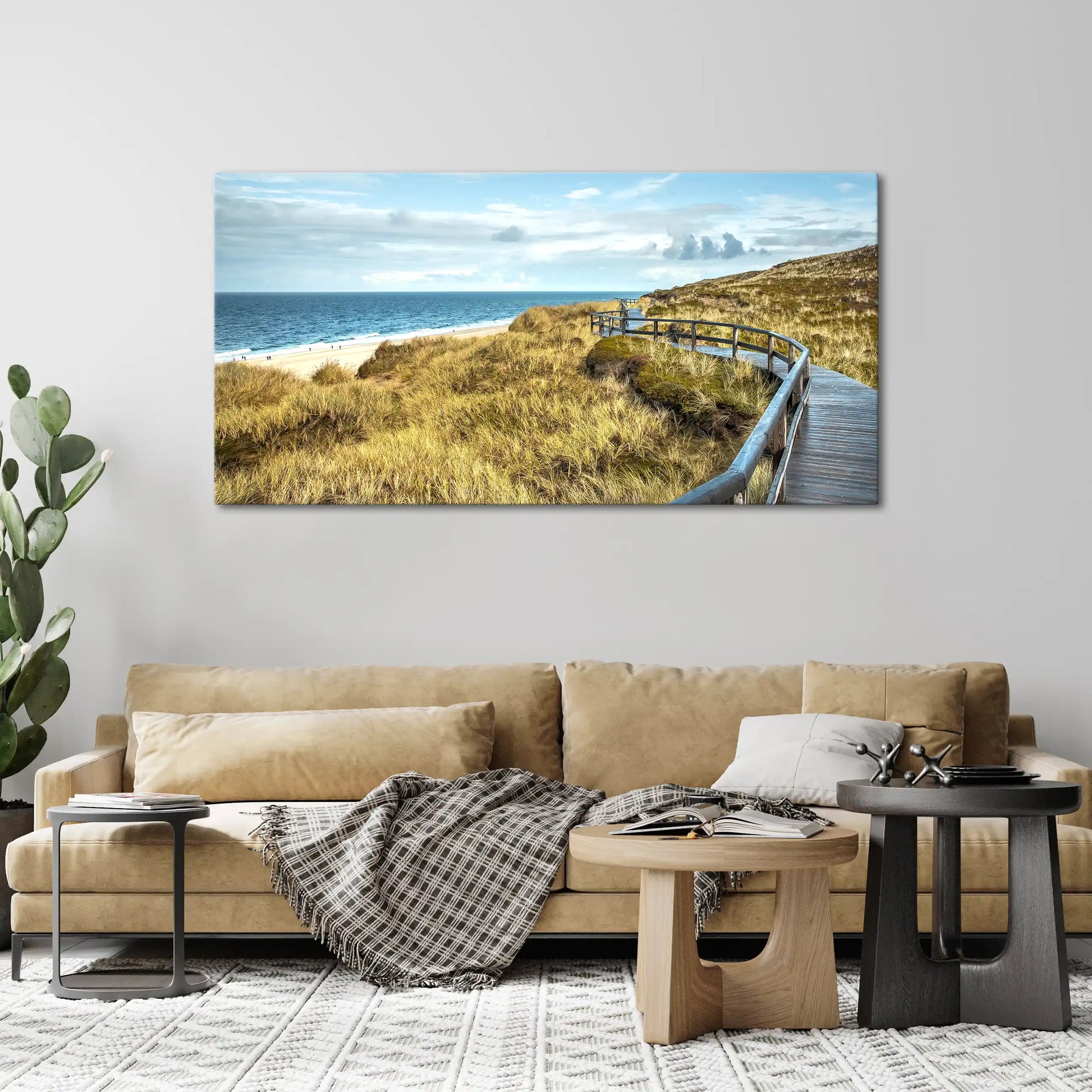 Leinwandbild Düne im mit Holzsteg am Meer an der Nordsee
