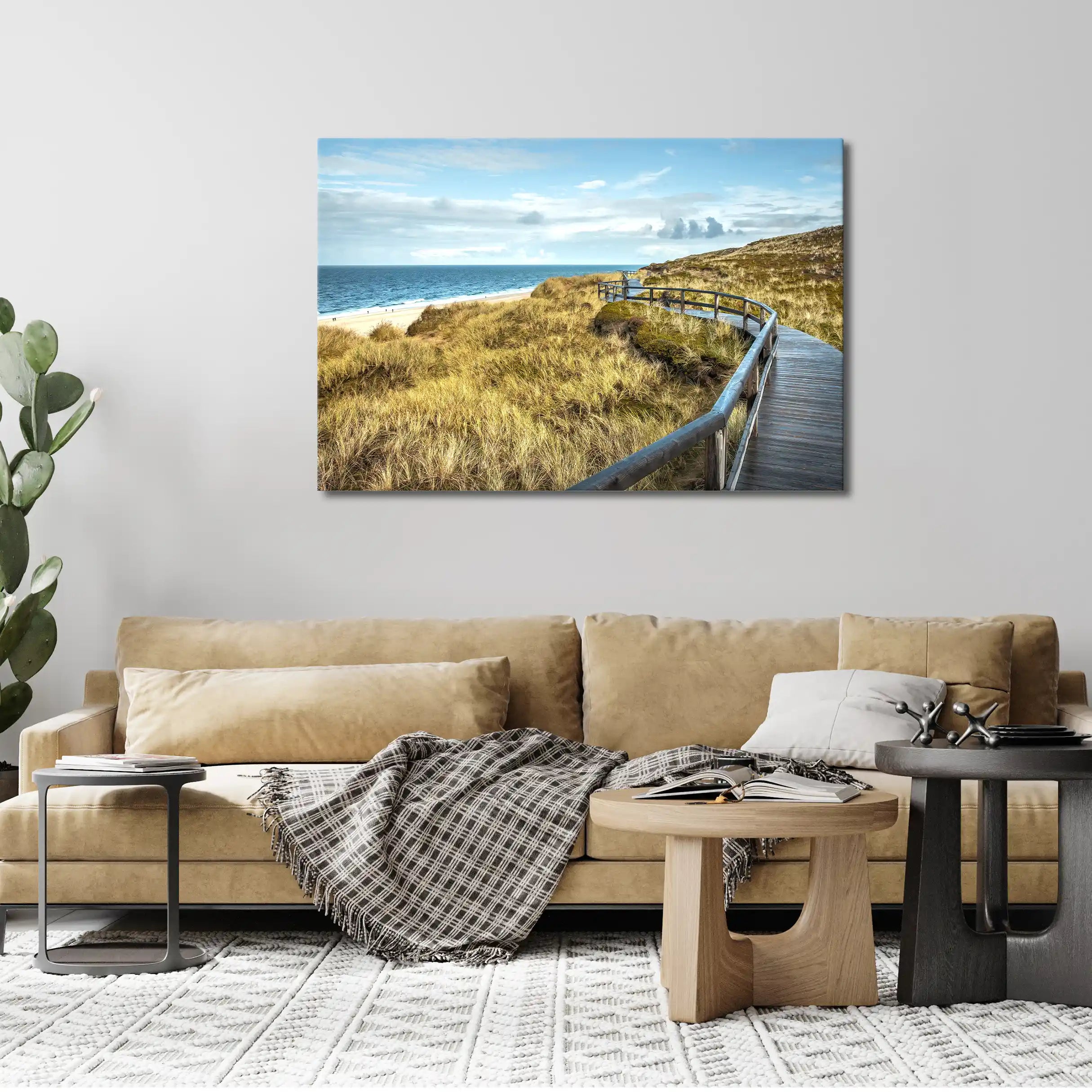 Leinwandbild Düne im mit Holzsteg am Meer an der Nordsee