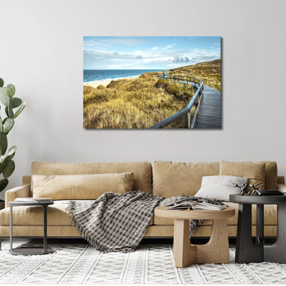 Leinwandbild Düne im mit Holzsteg am Meer an der Nordsee