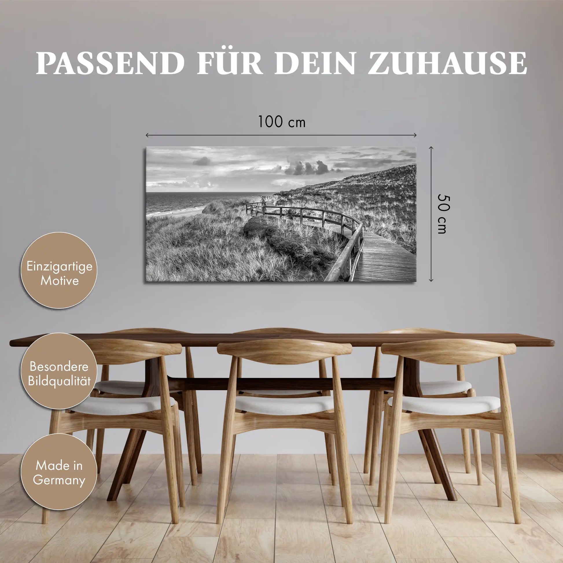 Leinwandbild Holzsteg in Düne an der Nordsee in schwarz weiß