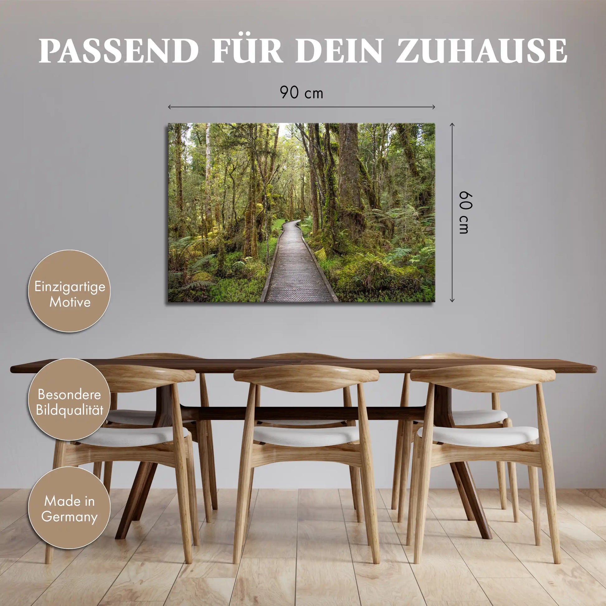Leinwandbild mit Holzsteg durch dichten Regenwald