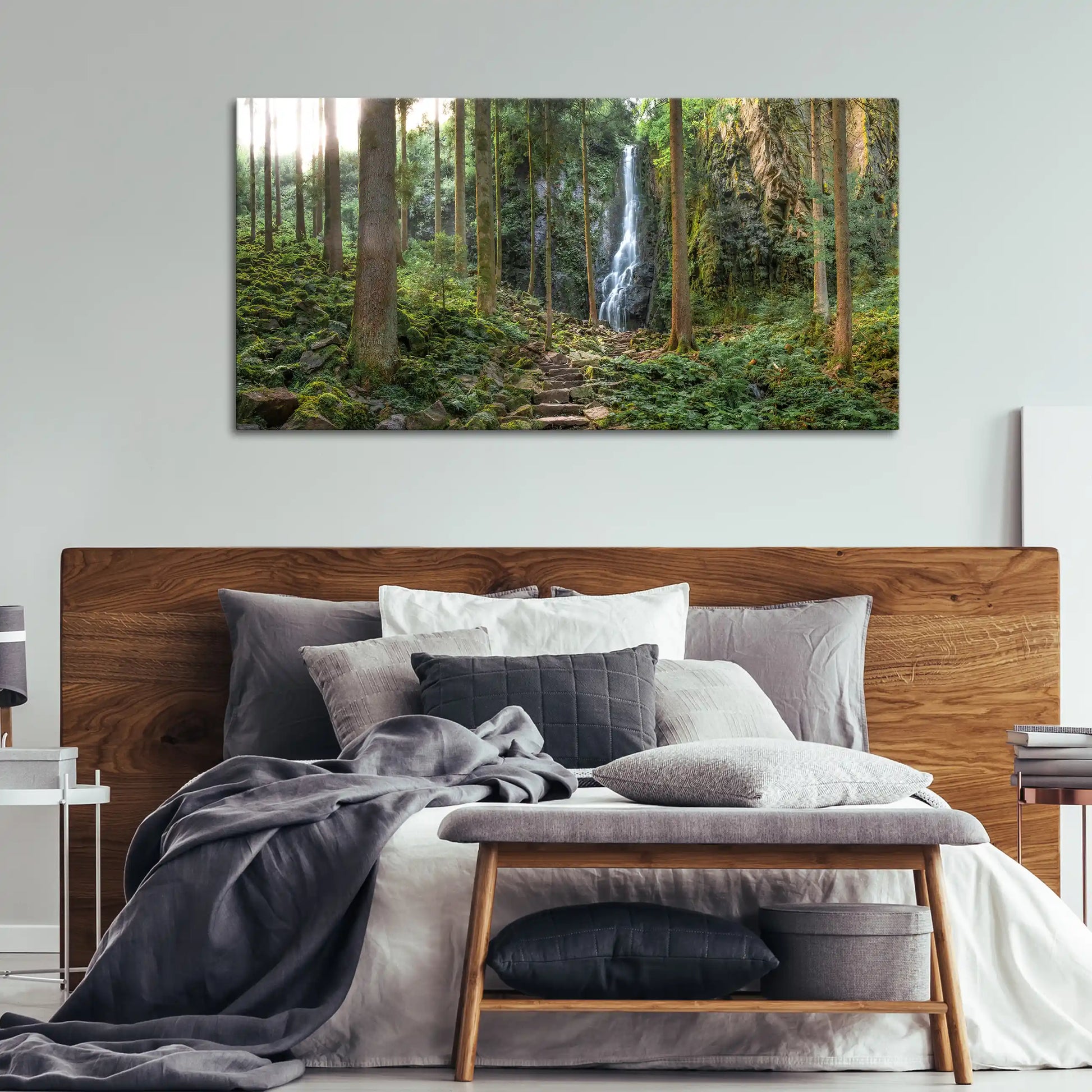 Leinwandbild Wald mit steinerner Treppe im Schwarzwald mit Wasserfall