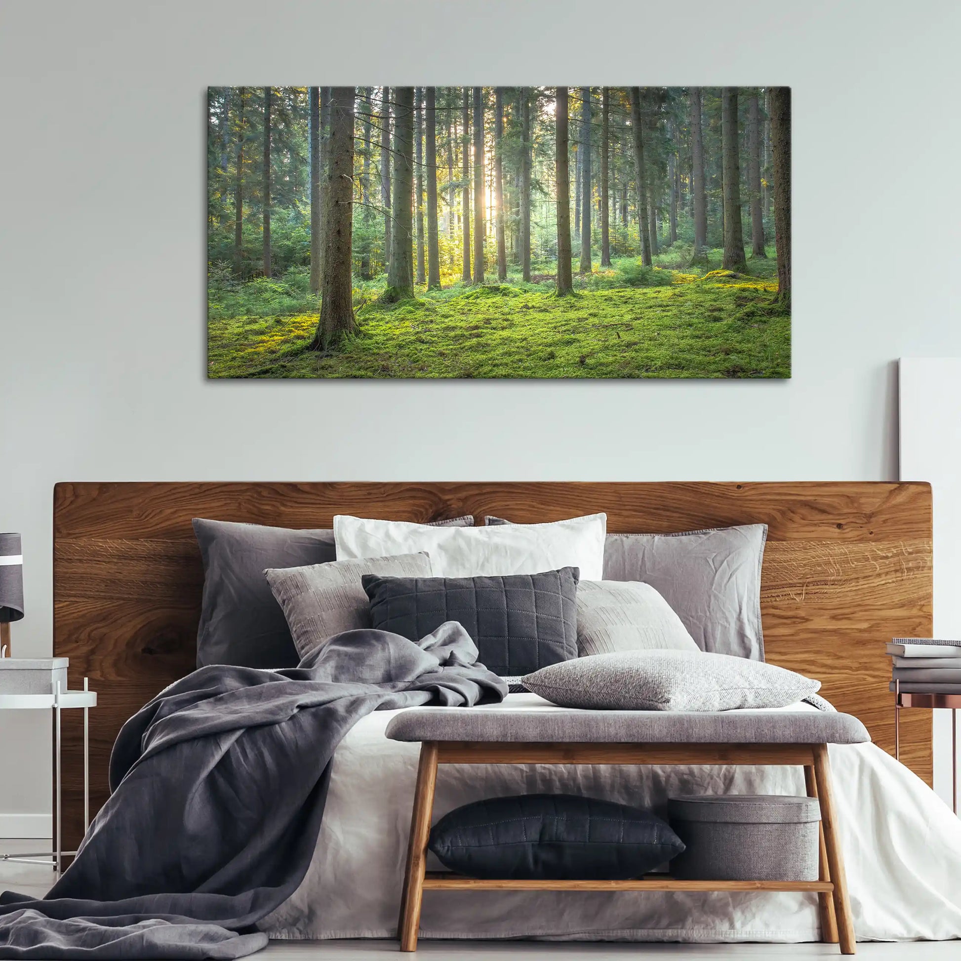 Leinwandbild grüner Wald mit Moos bei Sonnenaufgang