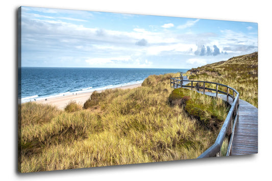 Leinwandbild Düne im mit Holzsteg am Meer an der Nordsee