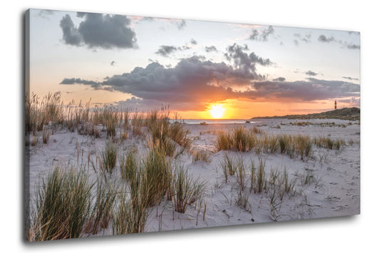 Leinwandbild Dünen Meer und Stran bei Sonnenaufgang