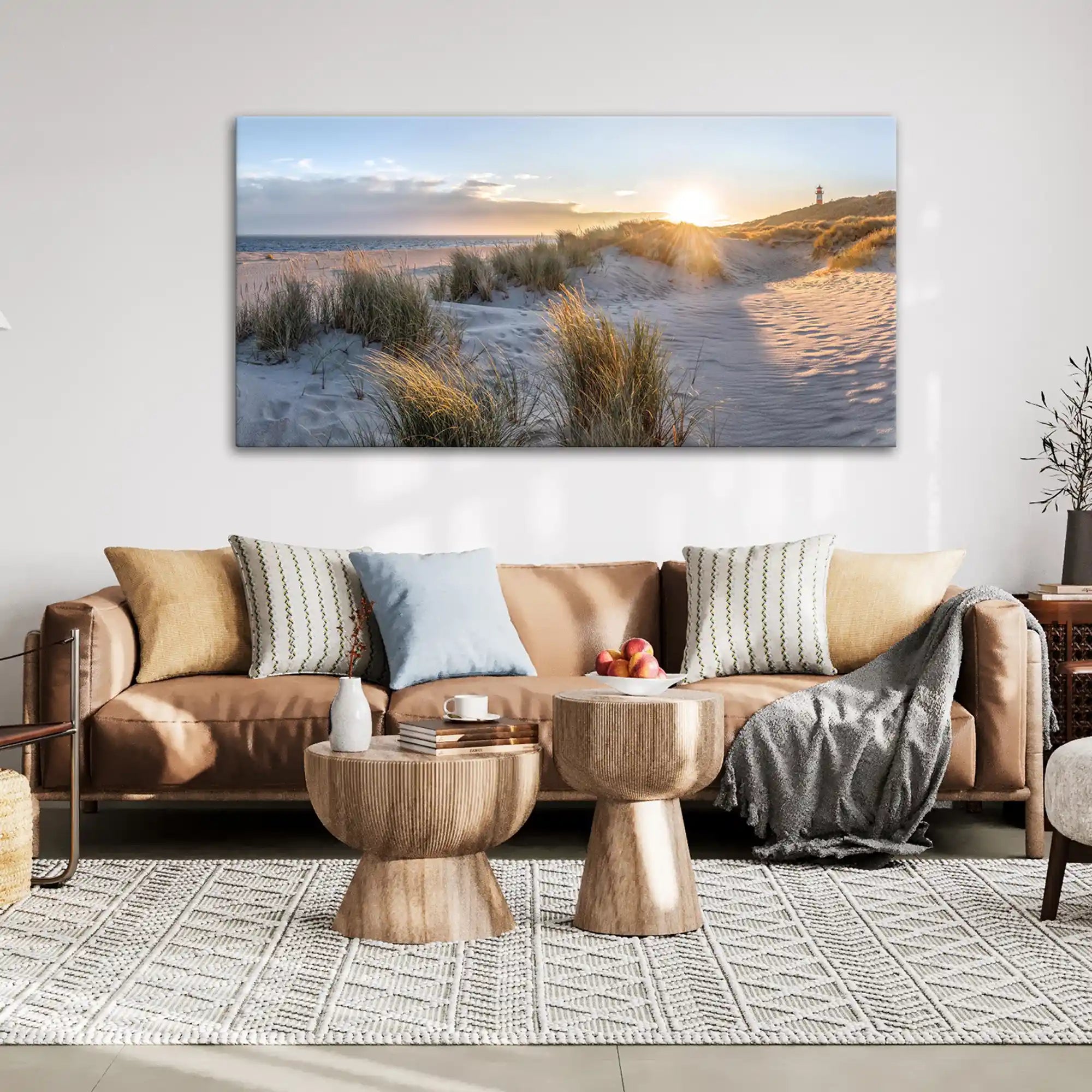 Leinwandbild Düne im Sonnenaufgang am Meer an der Nordsee über Couch in Wohnzimmer