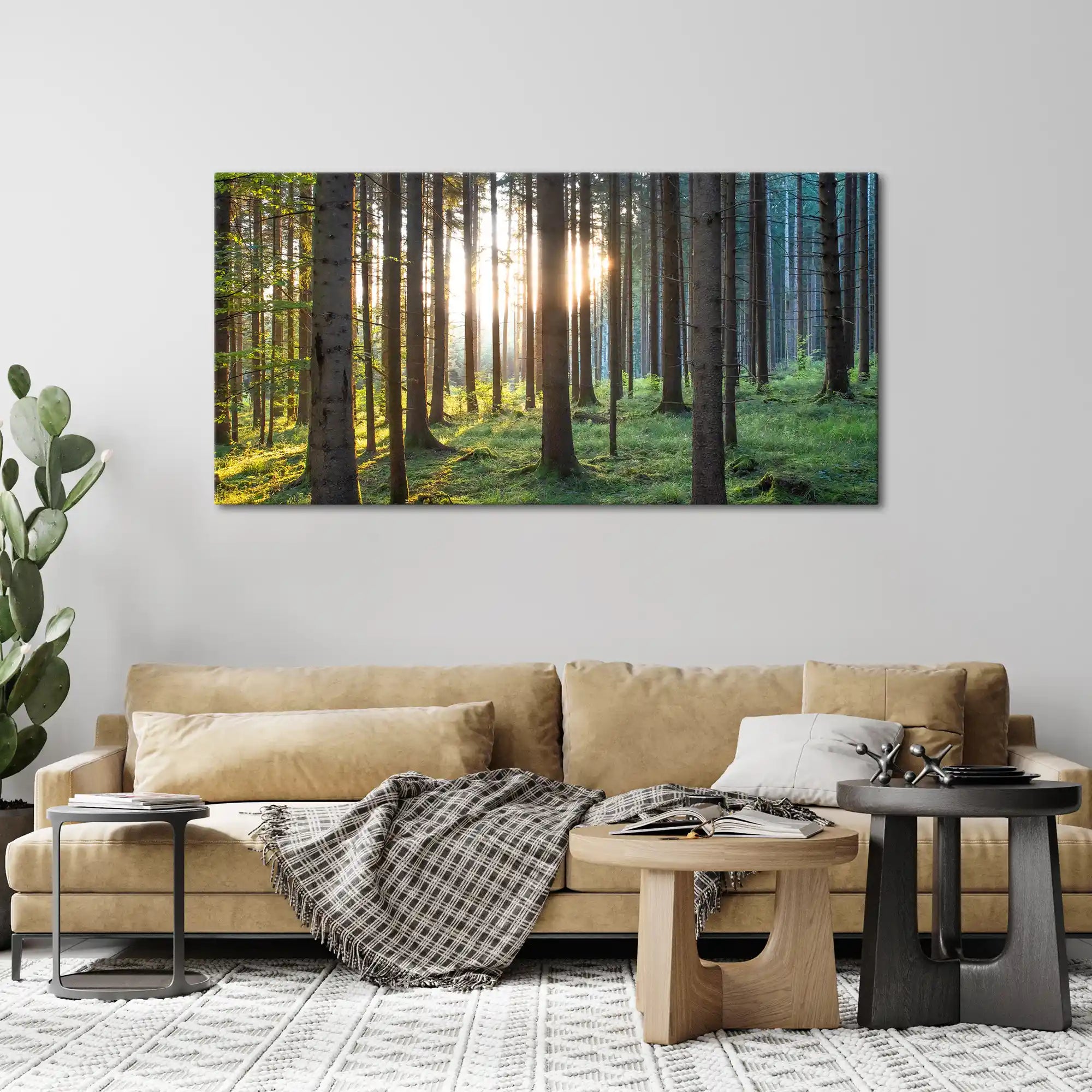 Leinwandbild grüner Wald im Sonnenaufgang über Couch in Wohnzimmer