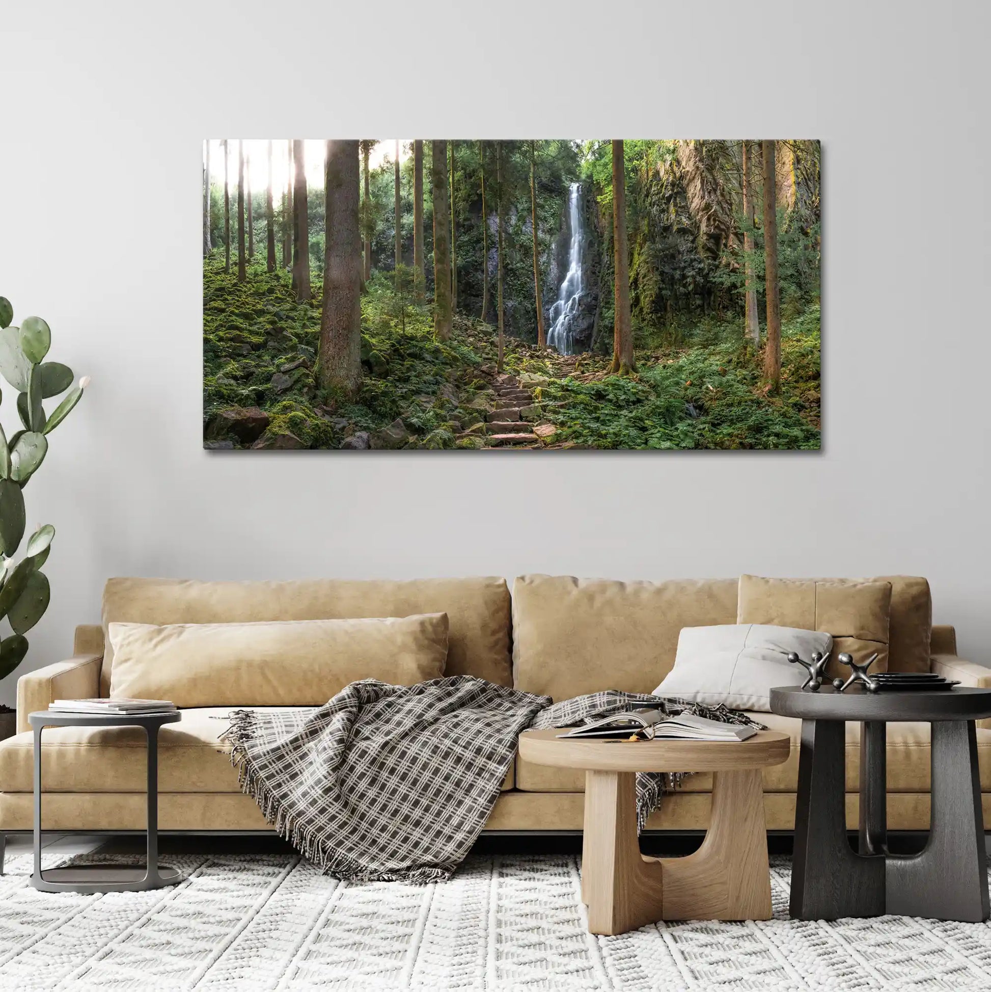 Leinwandbild Wald mit steinerner Treppe im Schwarzwald mit Wasserfall über Couch in Wohnzimmer