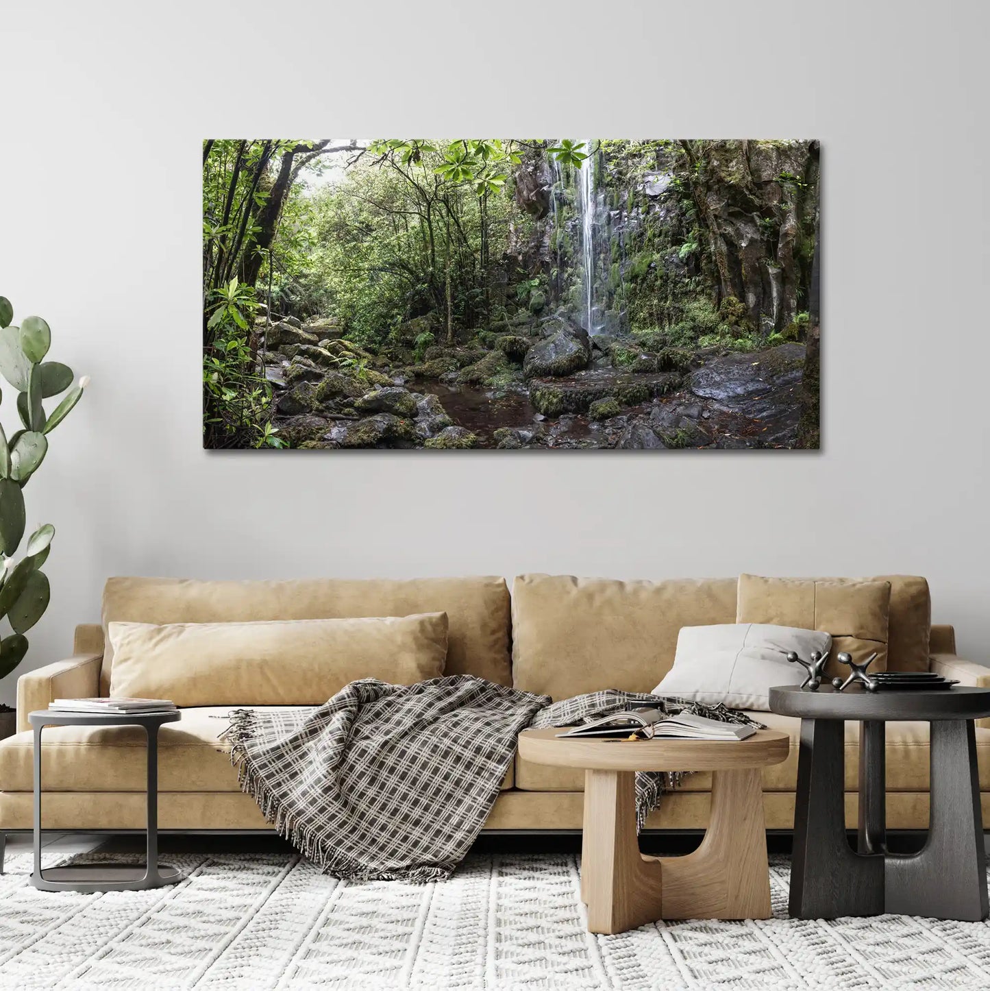 Leinwandbild Wald und Urwald an einem mystischen Wasserfall mit Nebel über Couch in Wohnzimmer